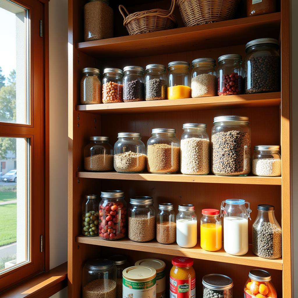 A well-stocked pantry with a variety of organic survival foods like grains, beans, and dried fruits.