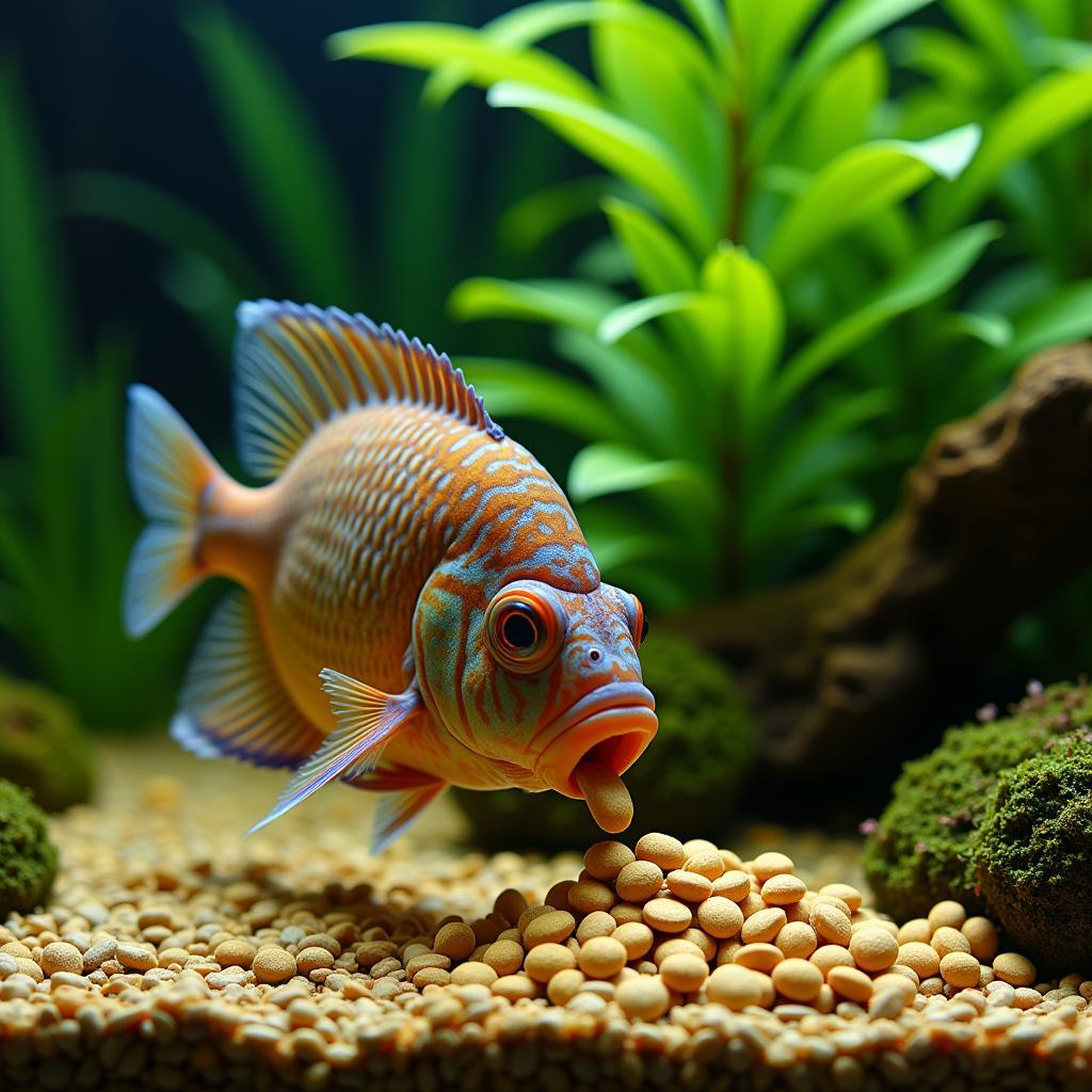 Oscar Cichlid Eating Pellets