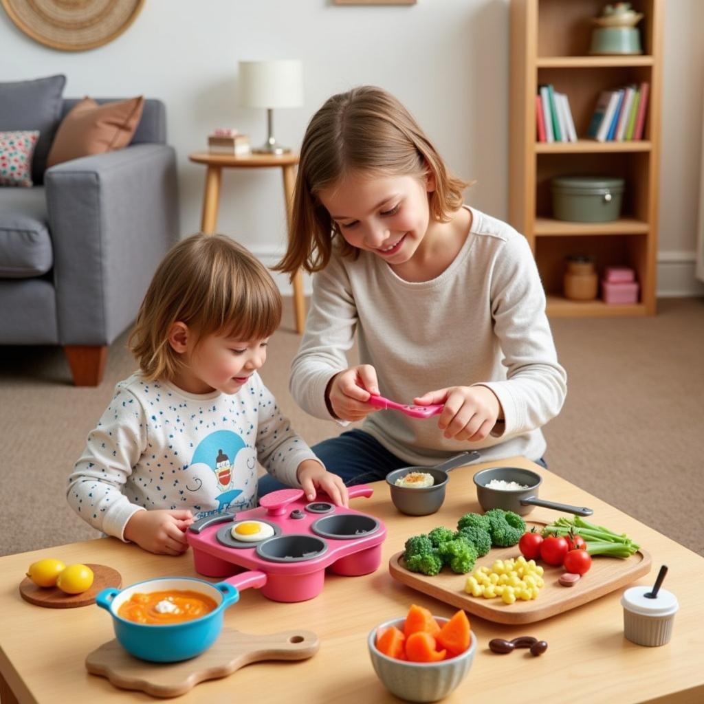 Children playing with a miniature kitchen and our generation food sets