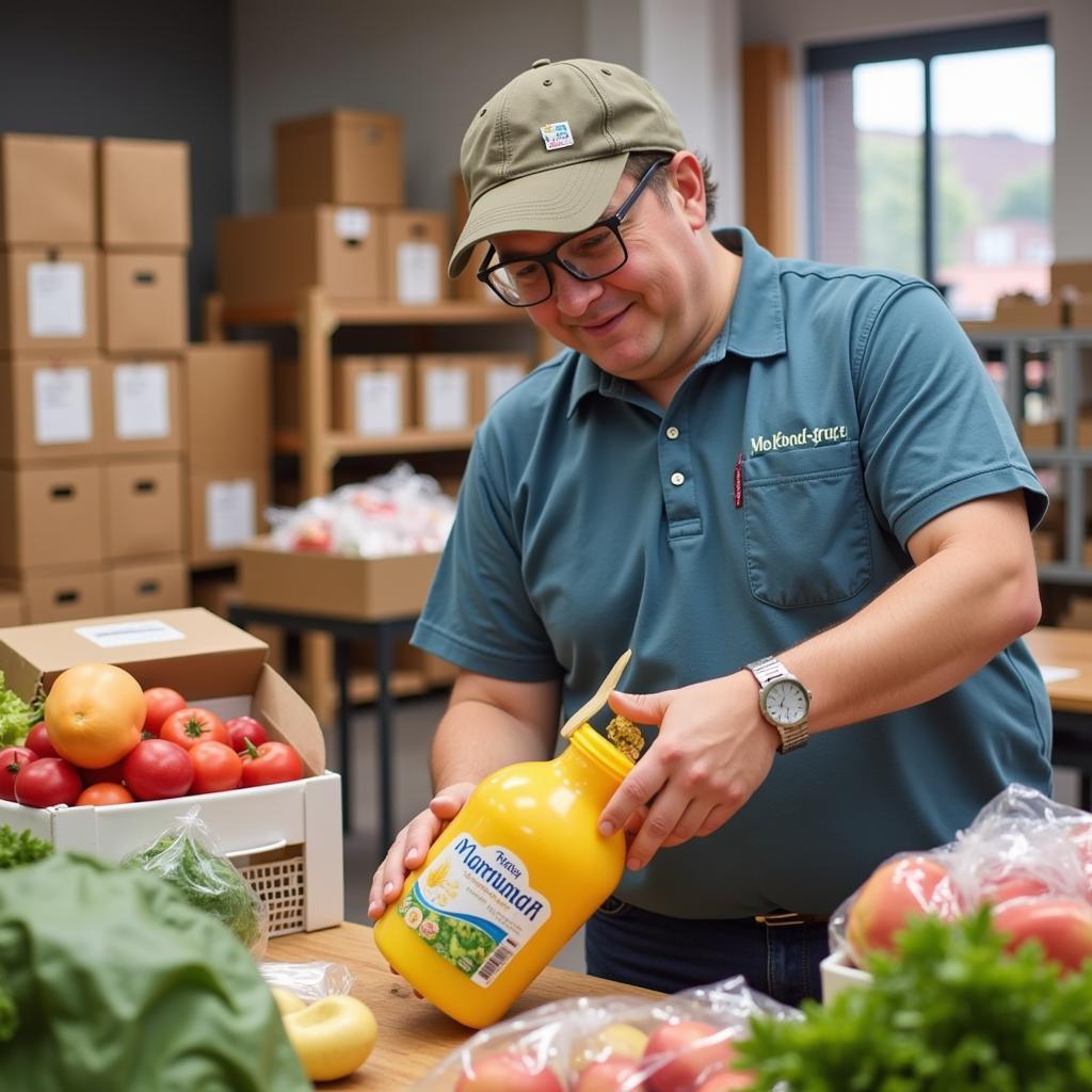 A volunteer sorting food donations at the Parkland First Baptist Church Food Bank.