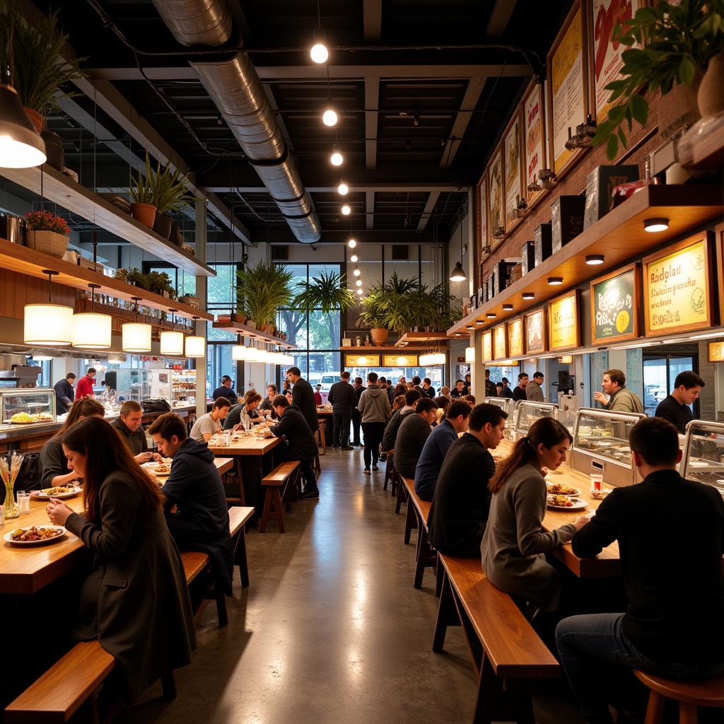 Vibrant atmosphere of Partake Collective Food Hall with diverse food stalls and happy customers.