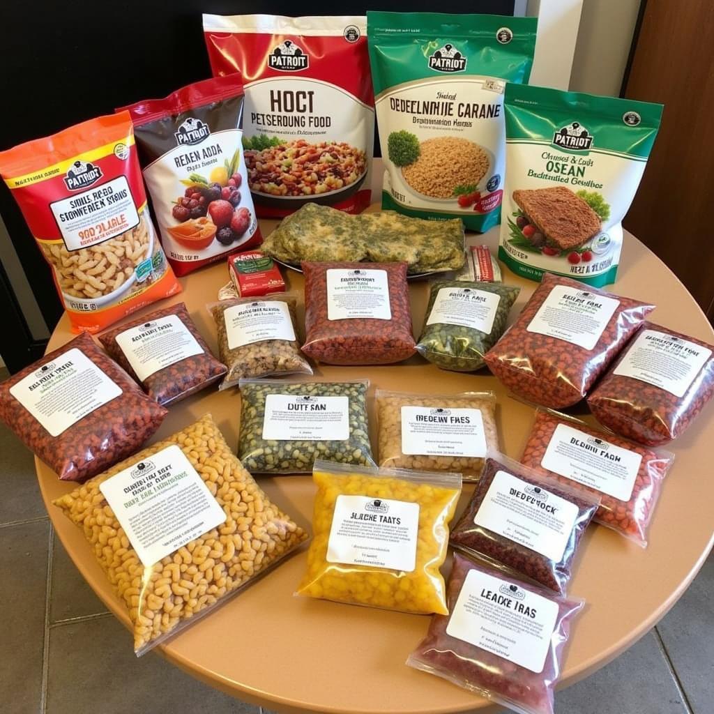 A variety of patriot dehydrated food pouches displayed on a table, showcasing different meal options and package sizes.