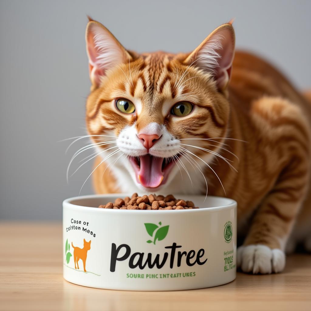 A happy cat eating Pawtree cat food