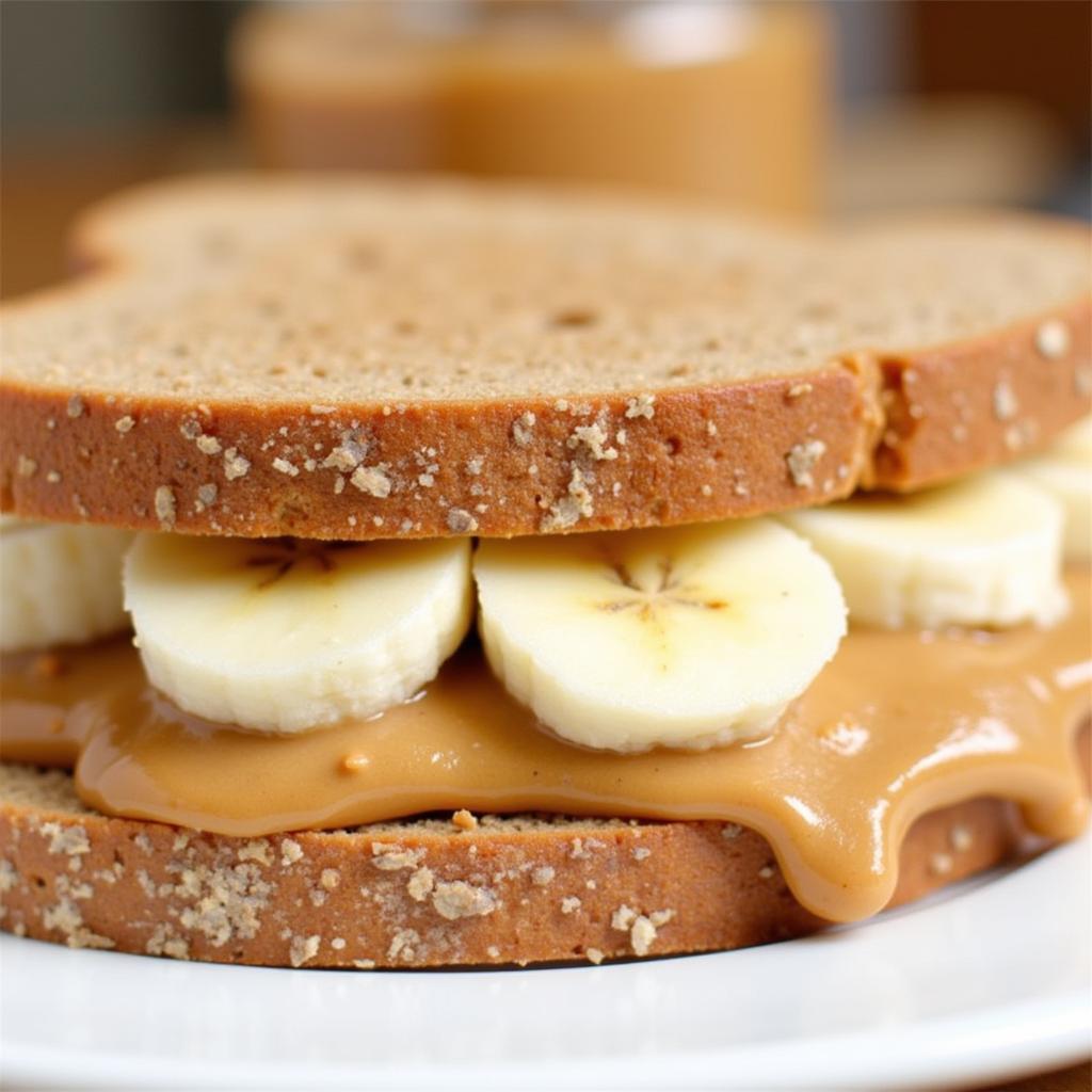 A peanut butter and banana sandwich cut in half on a plate.