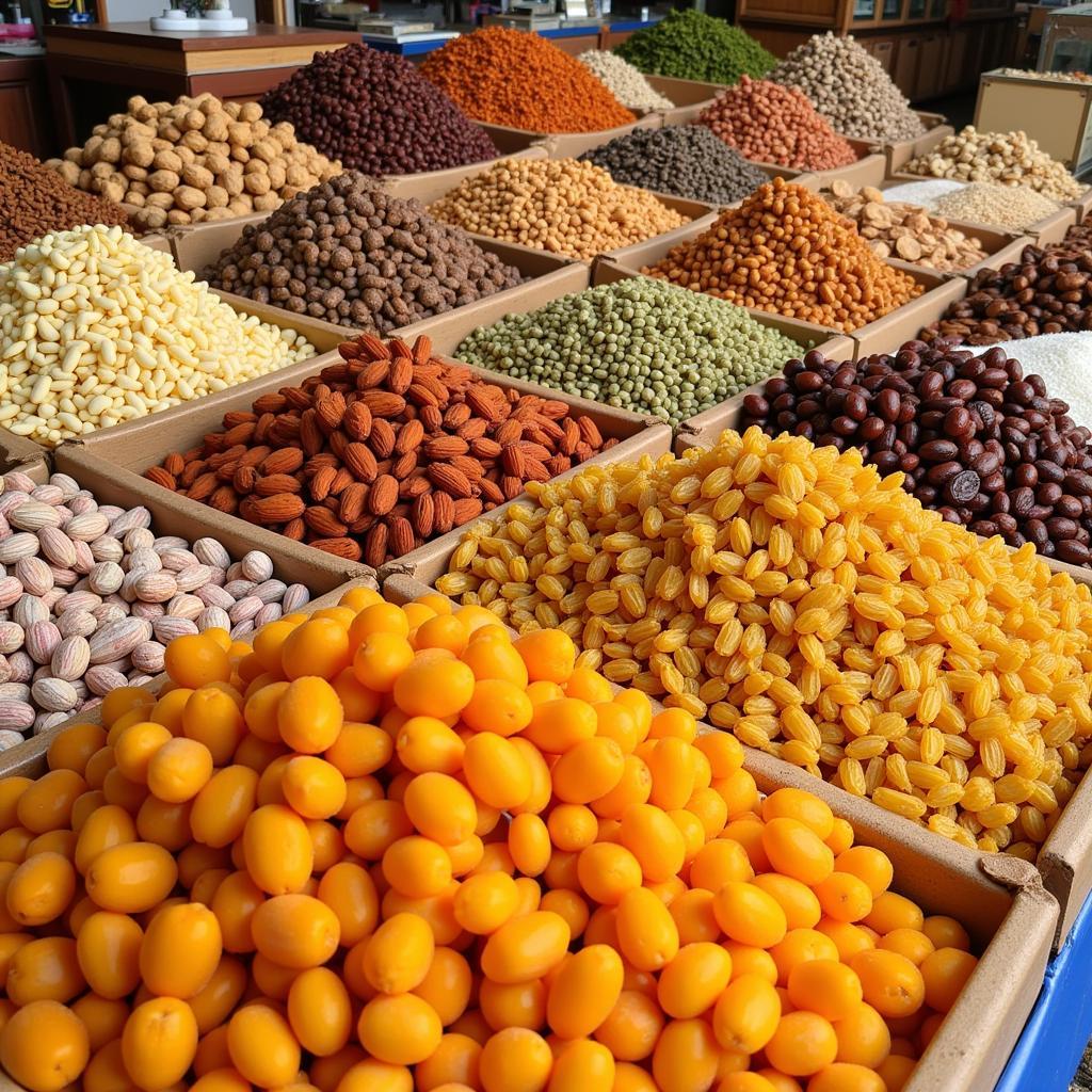 An assortment of dried fruits and nuts in a Persian food store