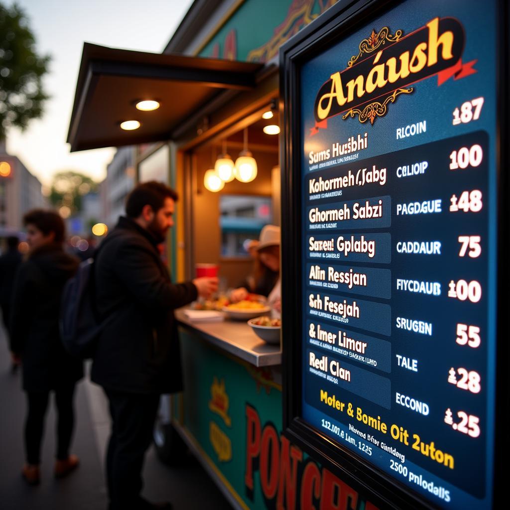 Persian food truck menu showcasing diverse dishes like kebabs, stews, and vegetarian options.