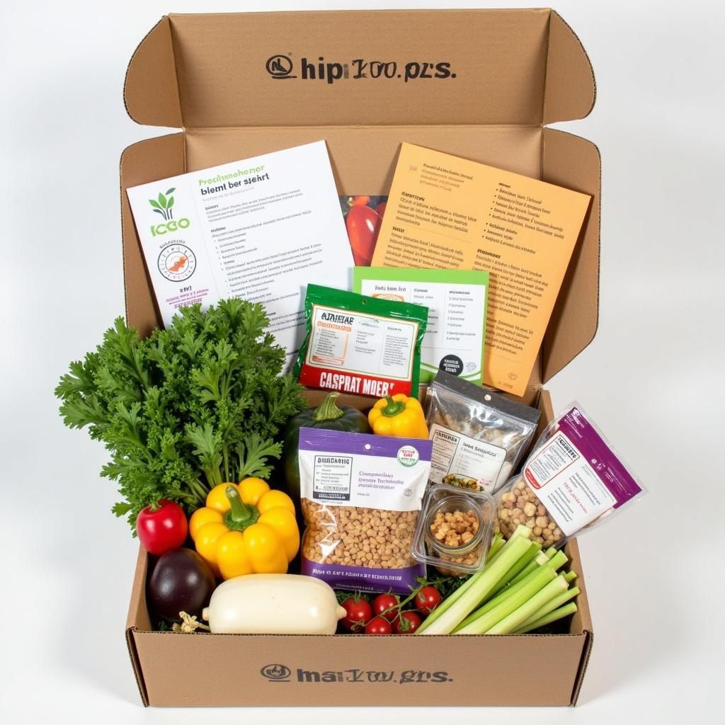 A personalized meal kit box with pre-portioned ingredients and recipe cards.