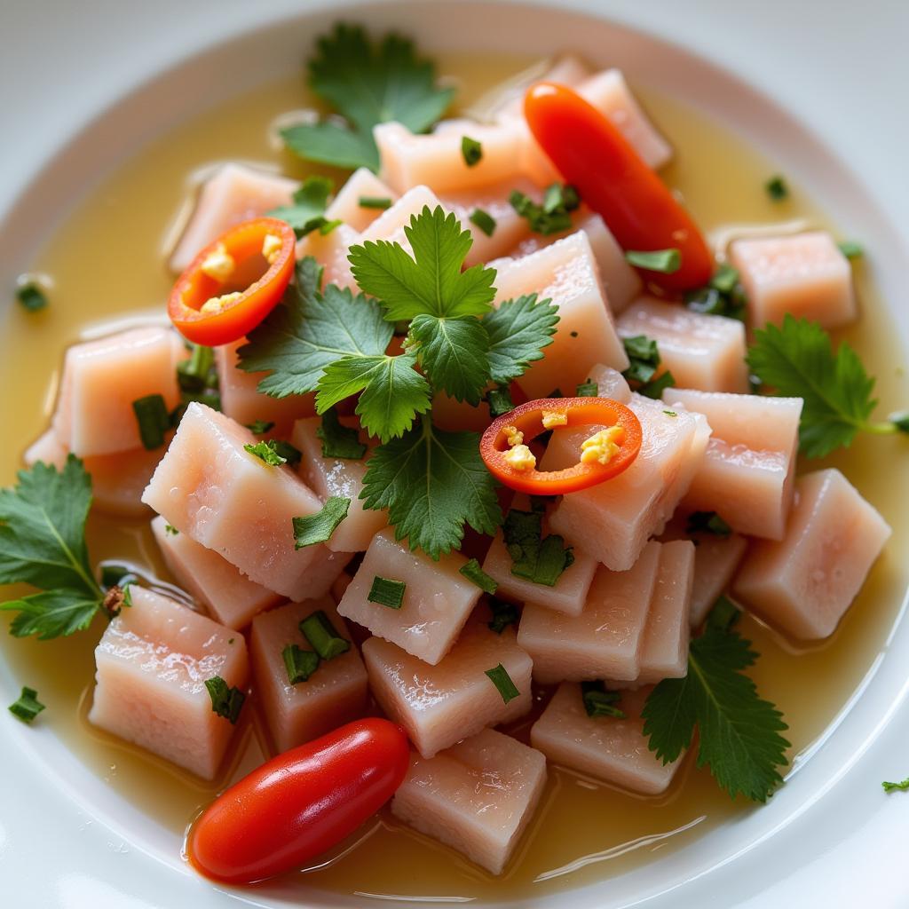 A vibrant plate of Peruvian ceviche, showcasing the fresh ingredients and bold flavors of marinera food.