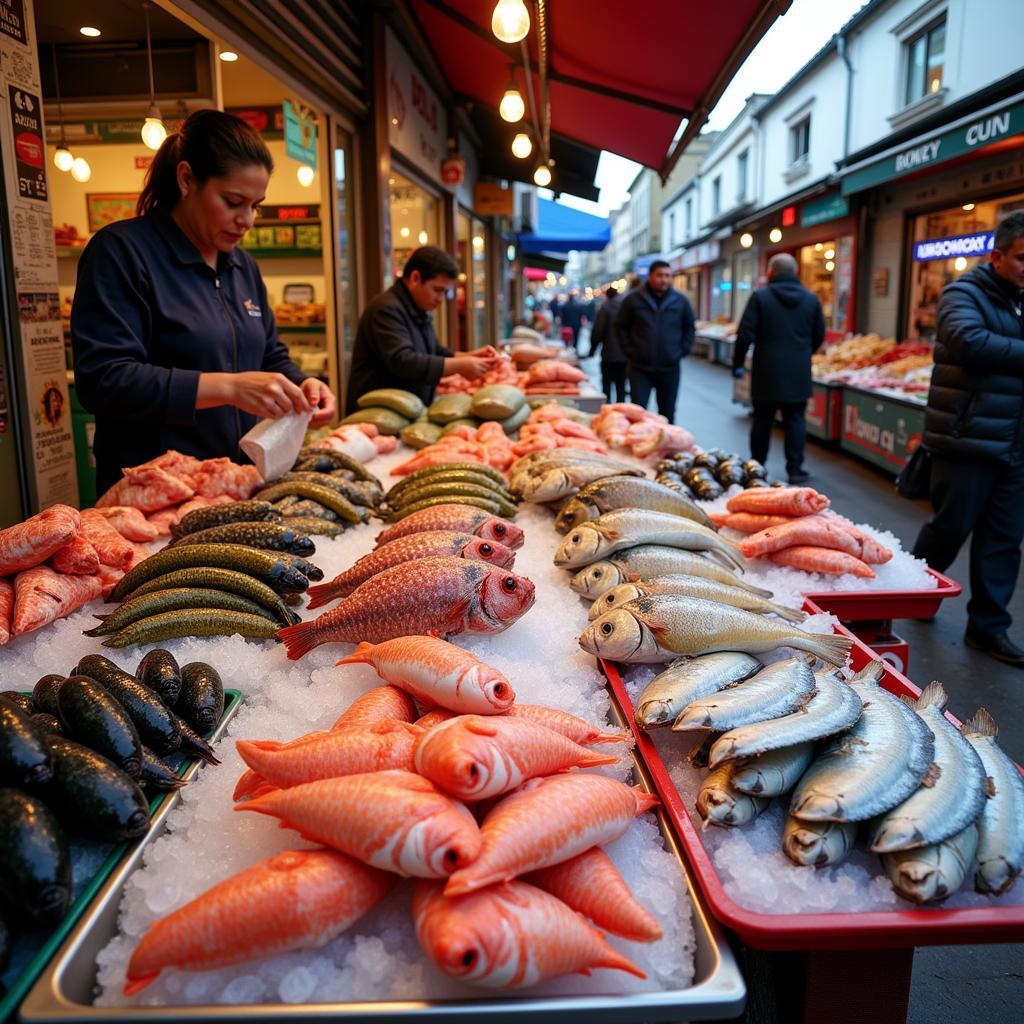 Fresh seafood at a Peruvian market, highlighting the importance of fresh ingredients in marinera food.