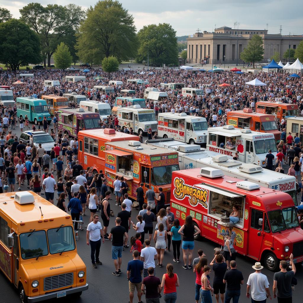 A vibrant scene of food trucks serving up diverse cuisines at the Phoenixville Food Truck Festival.