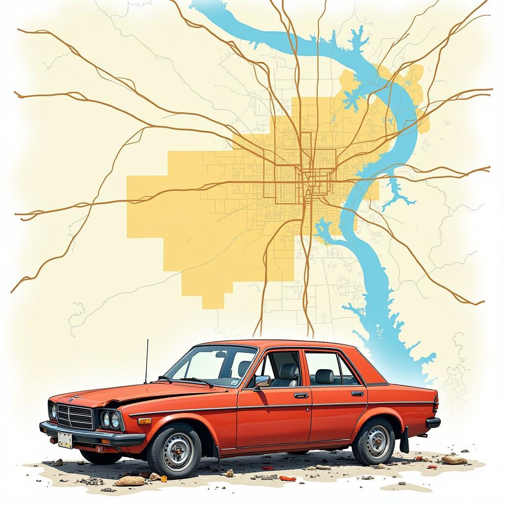 Image showcasing the challenge of reaching food sources, highlighting transportation issues and food deserts.