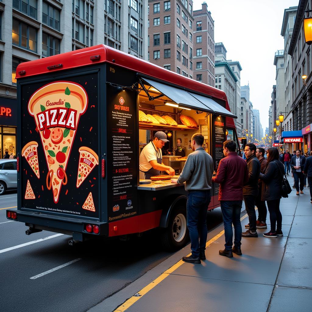 Pizza box food truck parked in a busy urban setting, serving customers