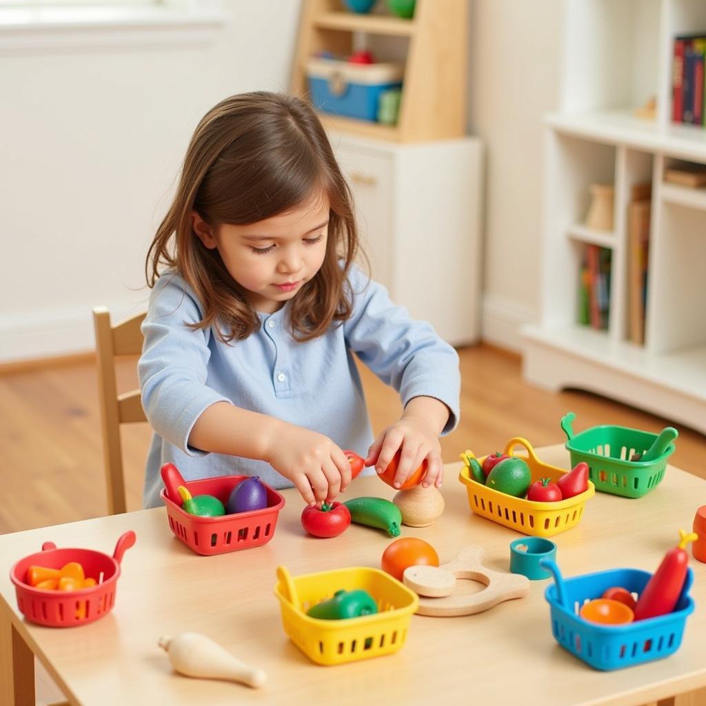 A child sorting Plan Toys fruit and vegetable set