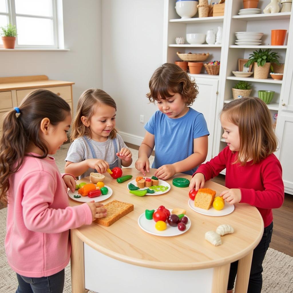 Children playing with a Plan Toys wooden food set