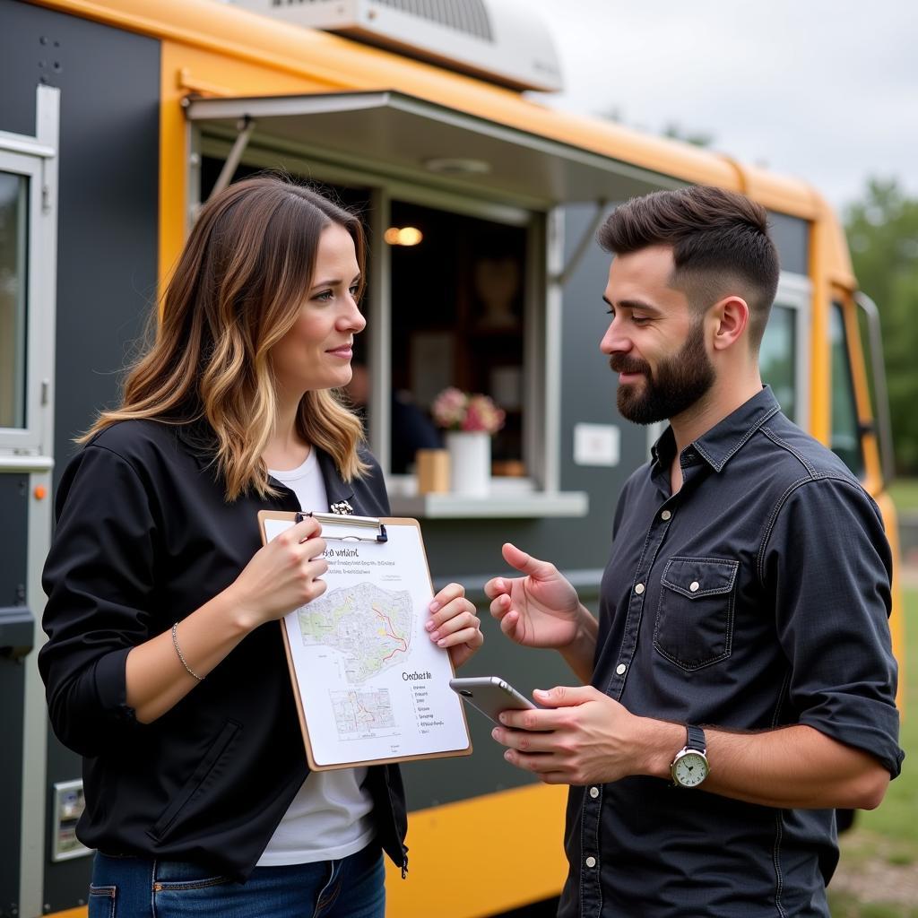 Event planner discussing logistics with a food truck owner