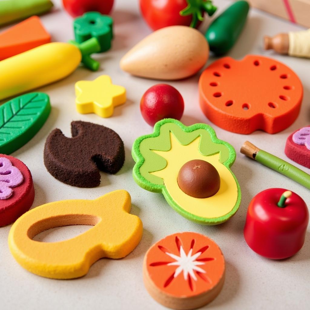 A colorful variety of play food toys, from pizza slices to miniature fruits and vegetables.