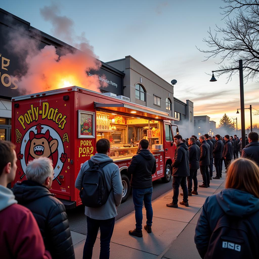 Long line of people waiting to order at the Pork Hub food truck