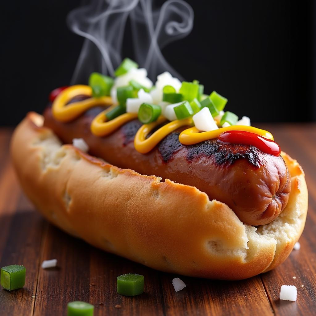 A close-up of a Klobása, a traditional Czech grilled sausage, served in a bun.