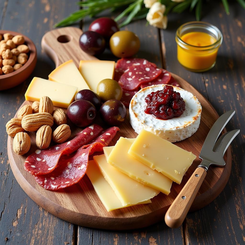 Premium business food gifts arranged on a wooden board for clients.