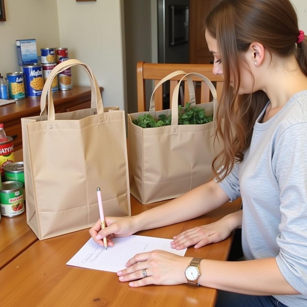 A person organizing reusable shopping bags and a grocery list in preparation for visiting a food pantry.