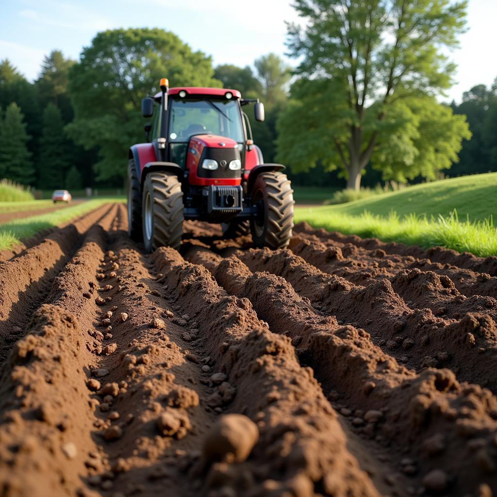 Tractor tilling the soil in preparation for a summer food plot.