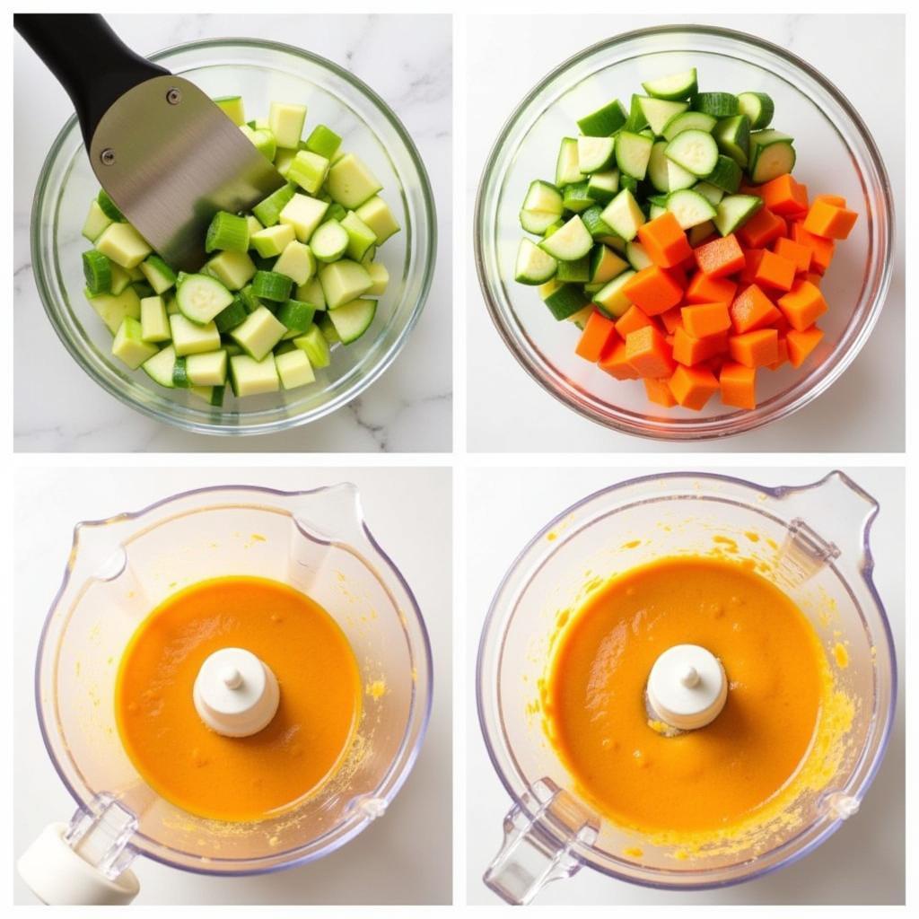 Parent steaming and pureeing fresh vegetables for baby food