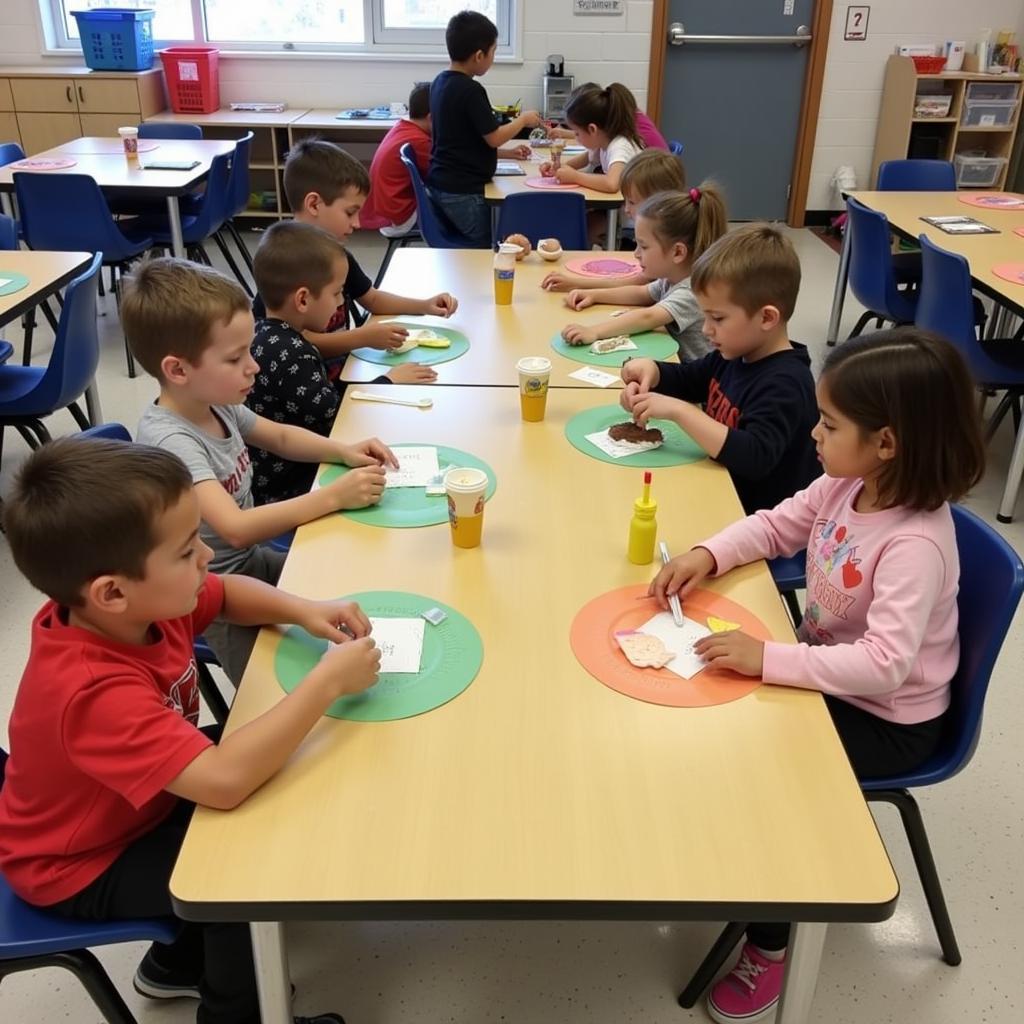 Preschoolers engaging in pretend play with paper food in a classroom setting.