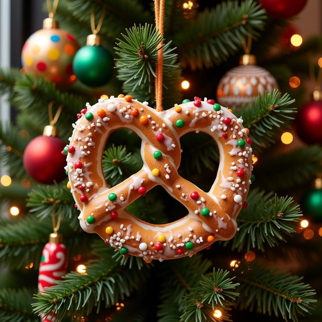 Pretzel Christmas Tree Topper: A large pretzel decorated with icing, sprinkles, and candies, perched atop a Christmas tree.