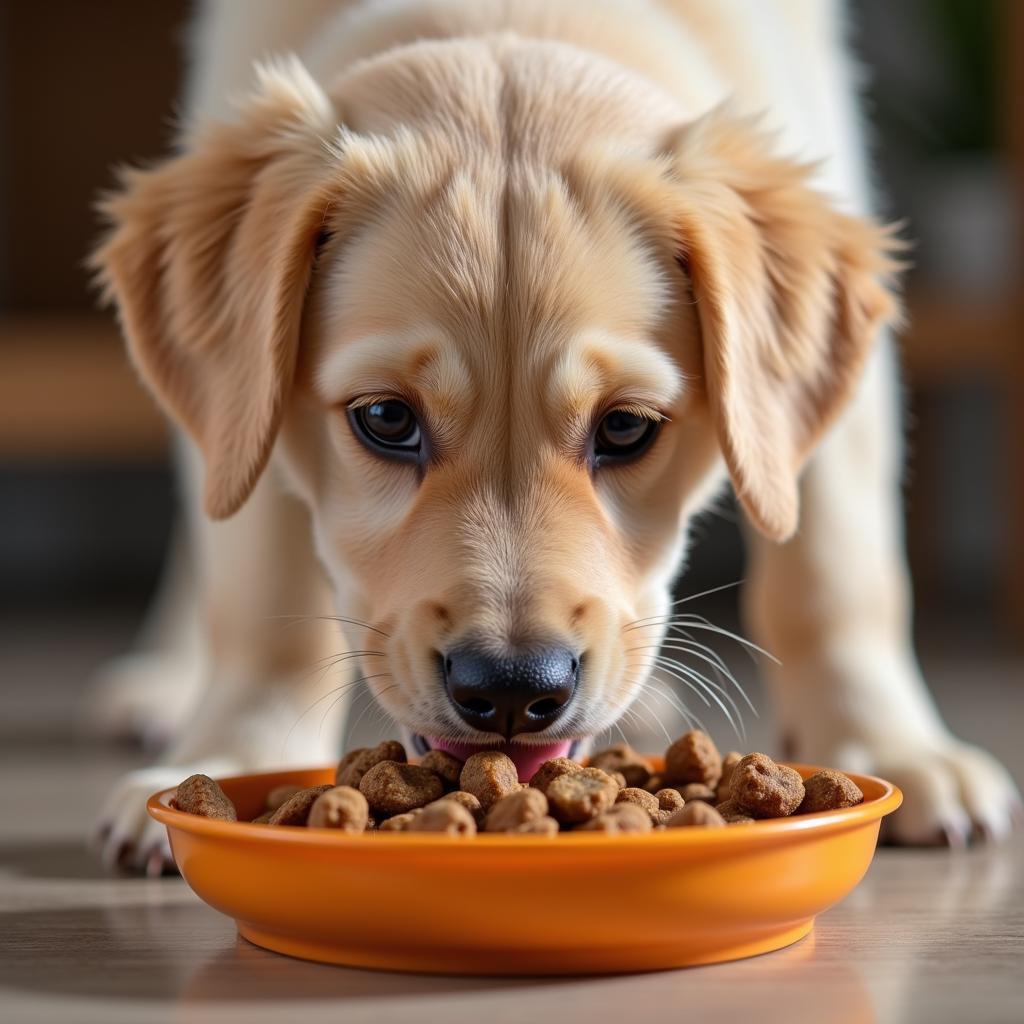 A puppy enthusiastically eating Diamond dry puppy food from a bowl.