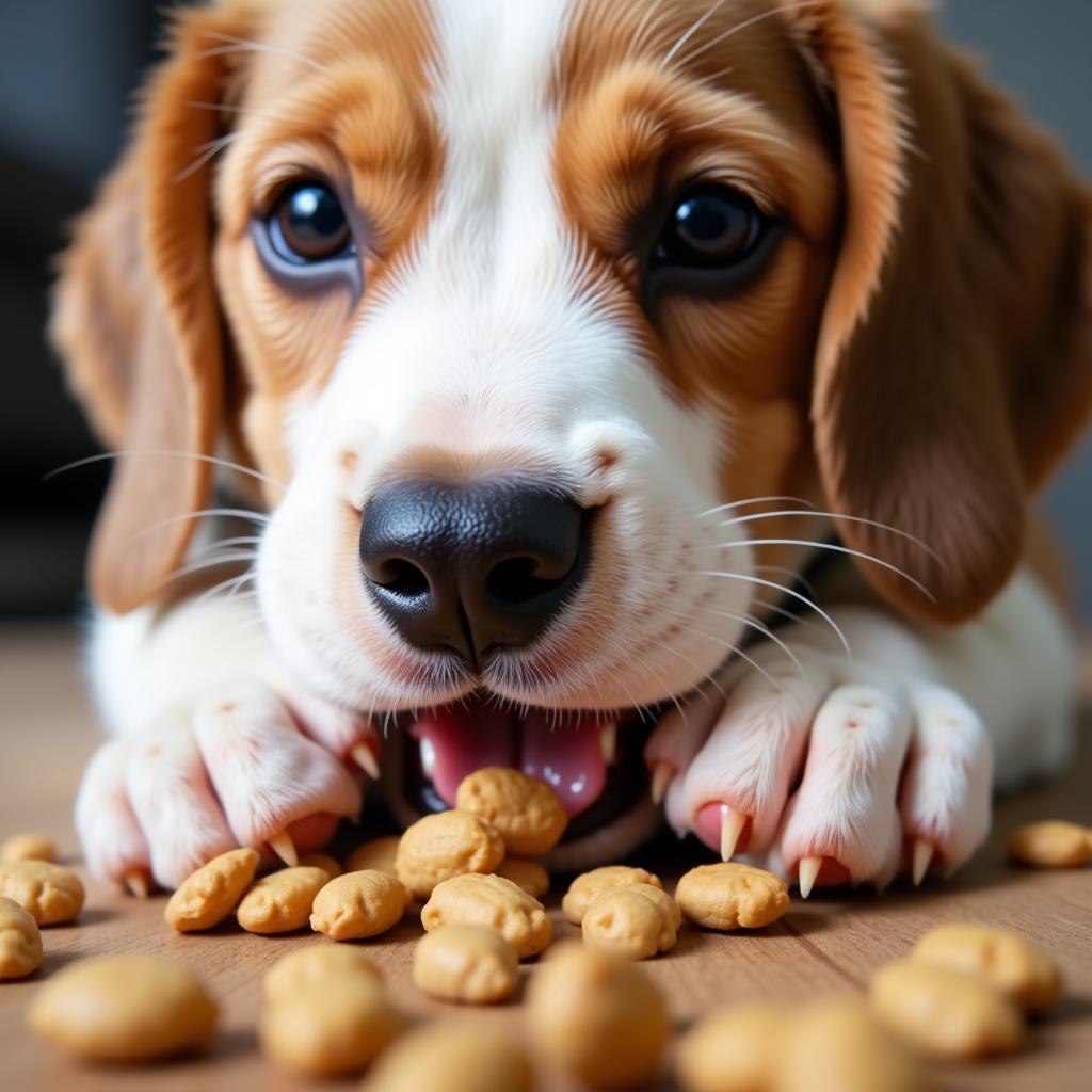 Close-up of a puppy eating duck kibble