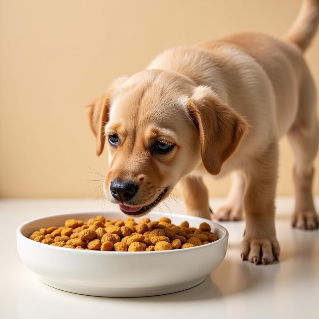 A puppy eating a mix of its old food and the new fish-based puppy food.