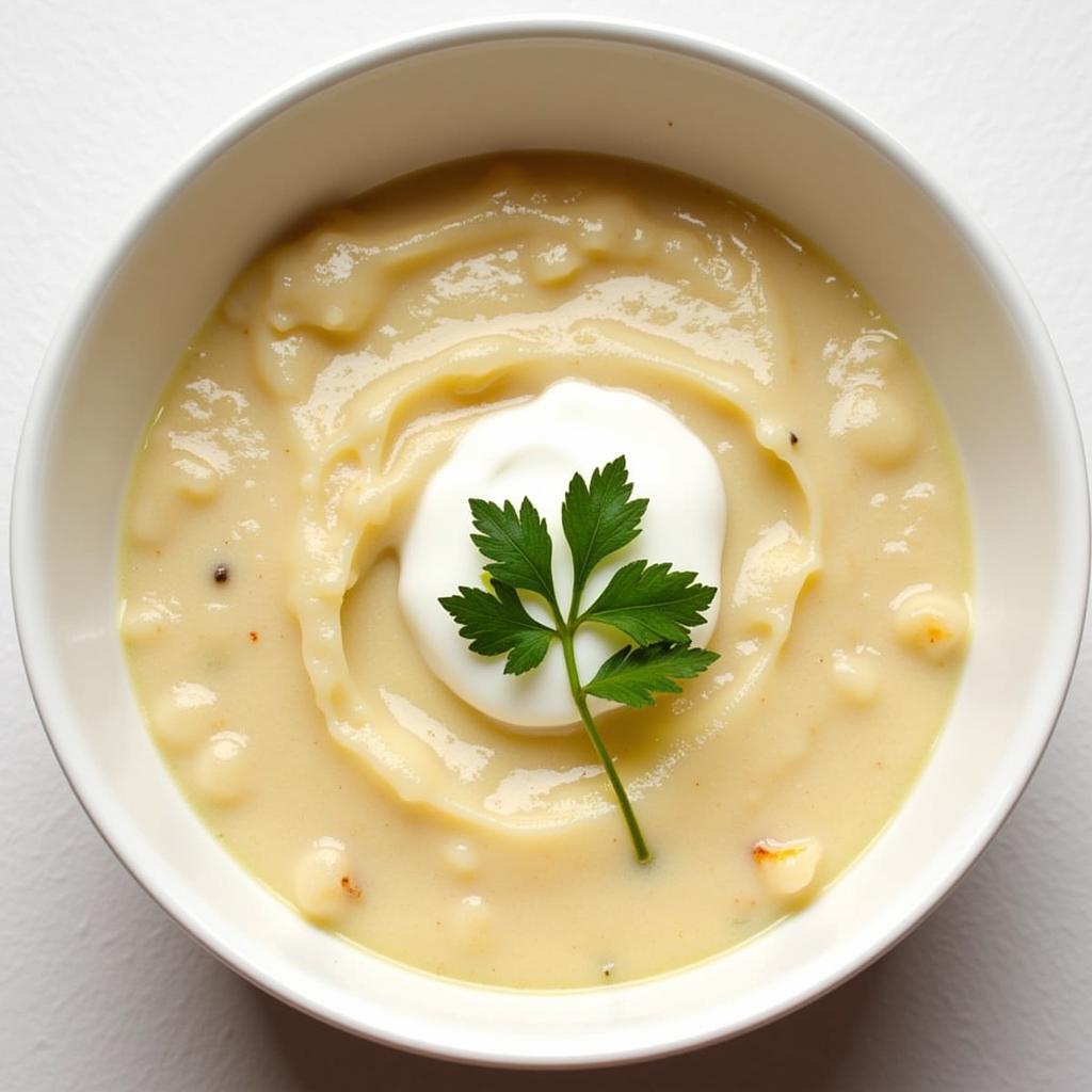 Pureed Chicken and Vegetable Meal for Elderly: A smooth, creamy puree of chicken and vegetables, served with a dollop of sour cream and a sprig of parsley.