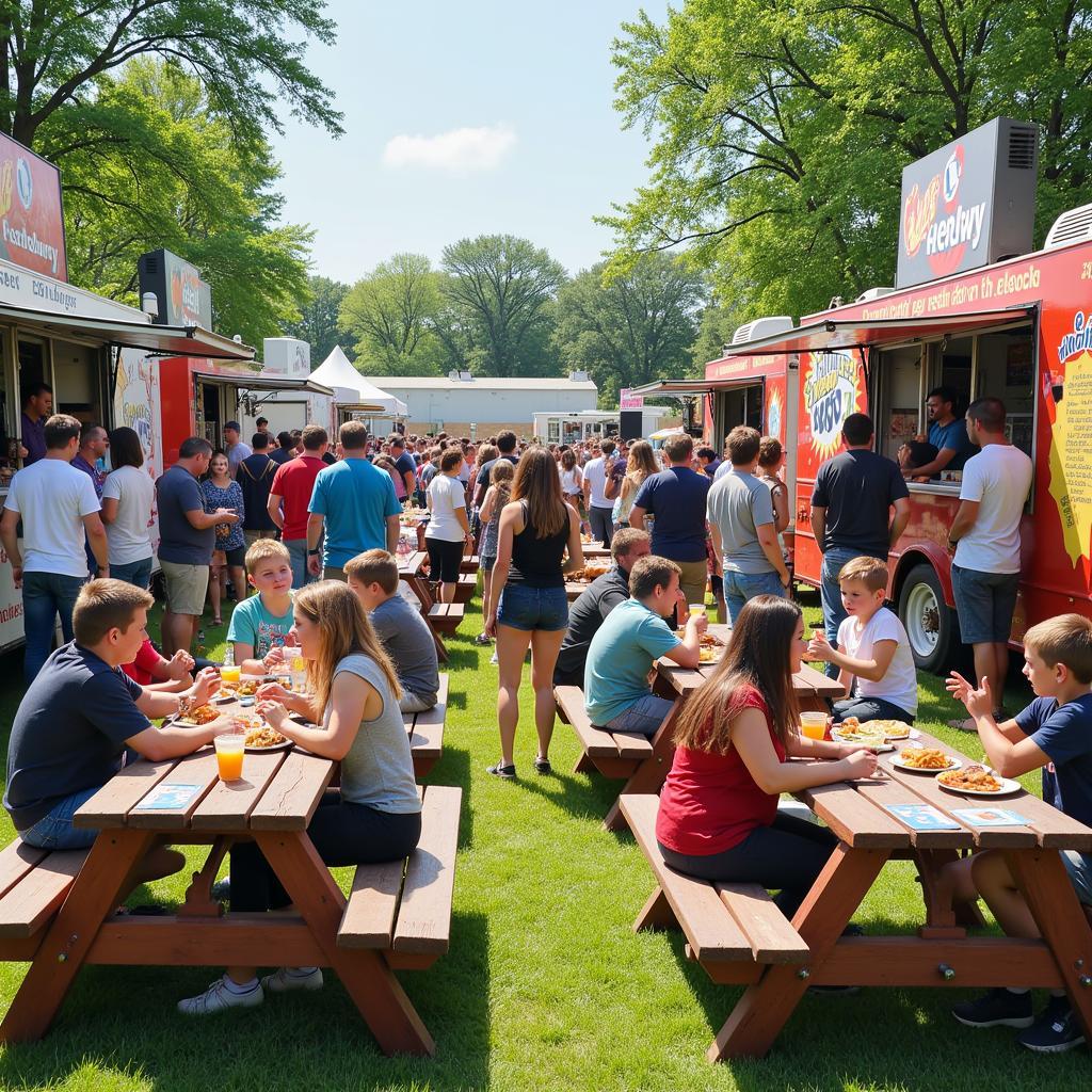 People enjoying food and drinks at a Quad City food truck festival.