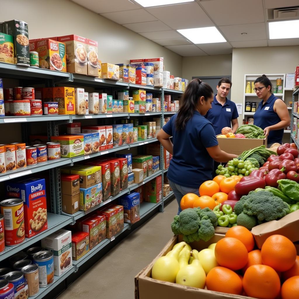 Inside the Queens Jamaica Citadel Corps Community Center food pantry, showcasing a variety of fresh produce, canned goods, and other essential food items.