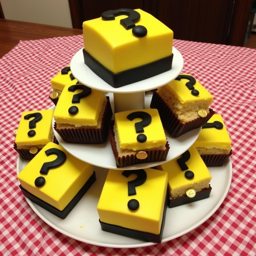 Question Mark Block Cupcakes arranged on a stand.