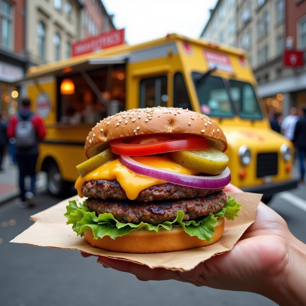 R Burger Food Truck Serving a Classic Cheeseburger