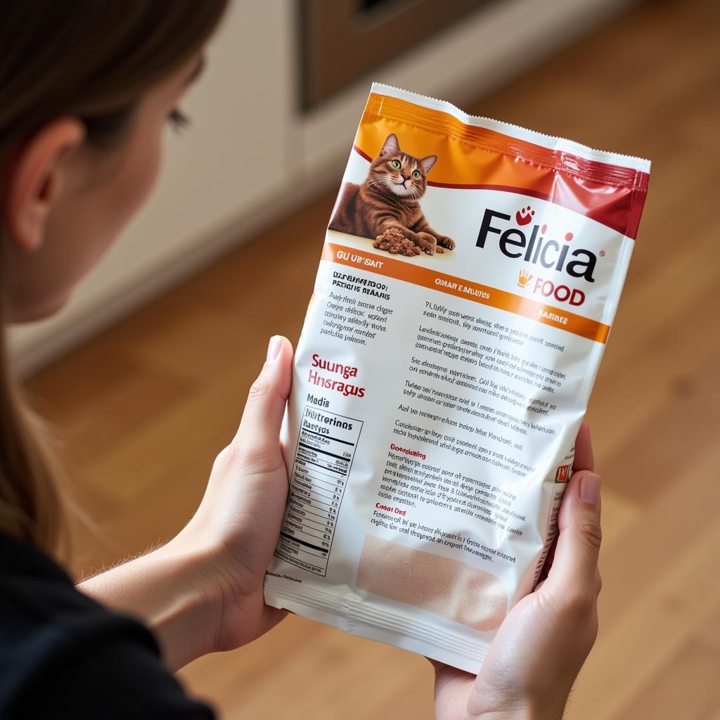 Reading Felicia Cat Food Labels: A person carefully examines the ingredient list and guaranteed analysis on a bag of Felicia cat food.