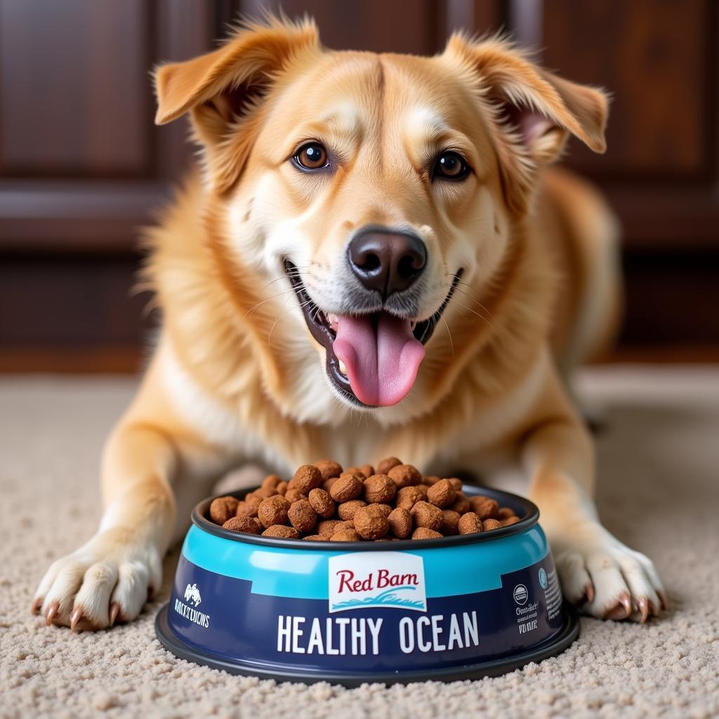 Happy Dog Eating Red Barn Ocean Dog Food