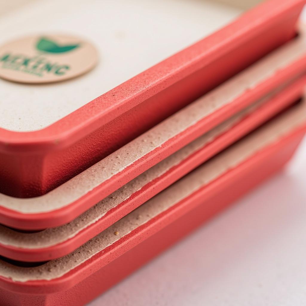 Biodegradable red and white food trays.