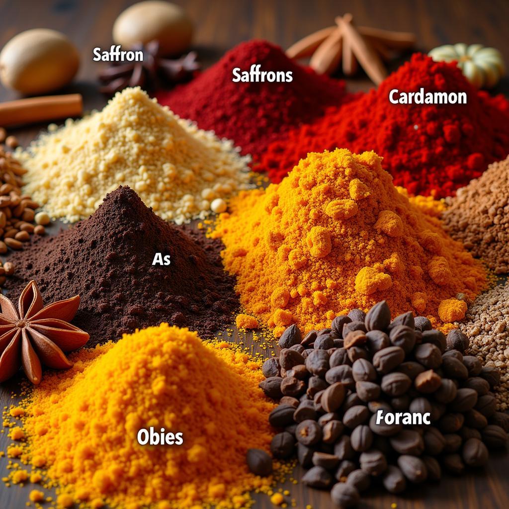 A vibrant display of various regal food spices in bowls and jars.