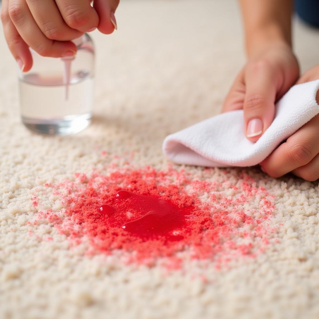 Removing a stubborn food coloring stain from a light-colored carpet using a homemade cleaning solution.