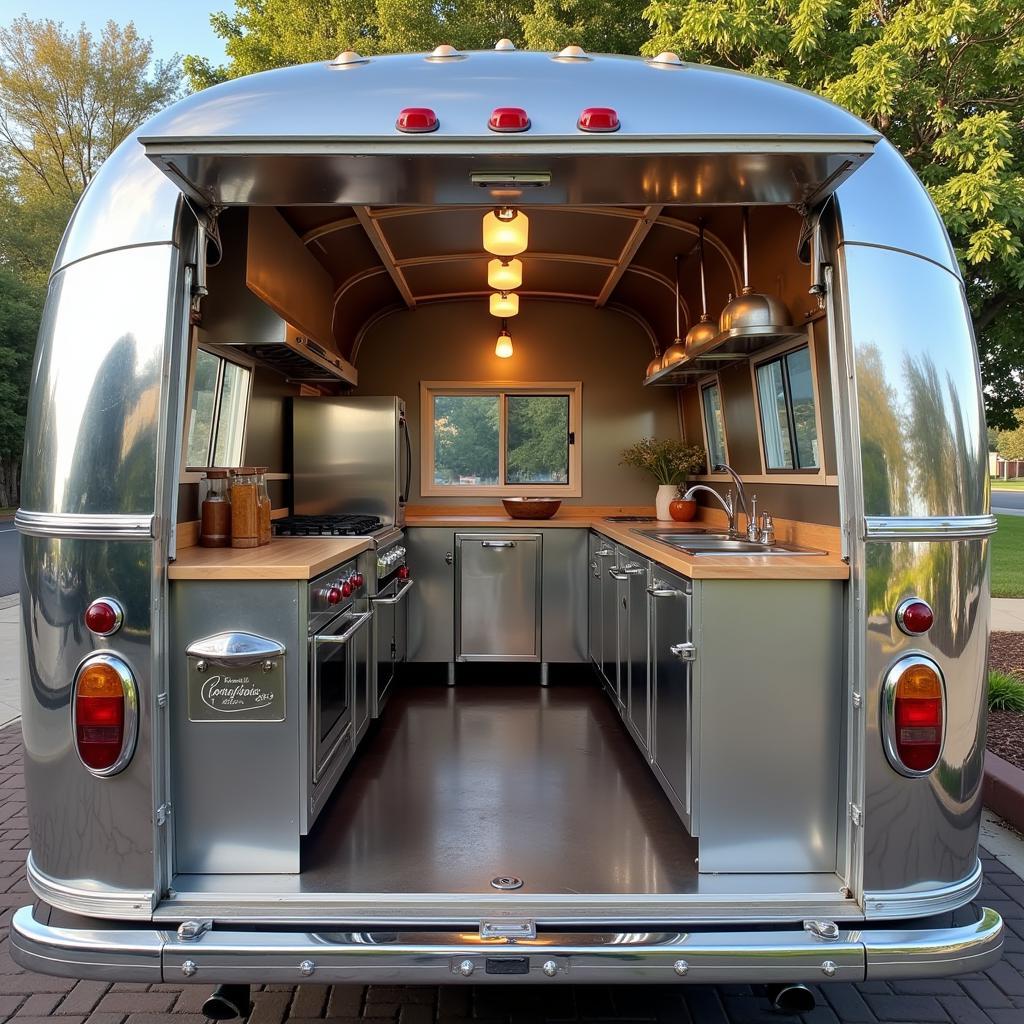 A beautifully restored vintage food trailer with a modern, updated kitchen interior.