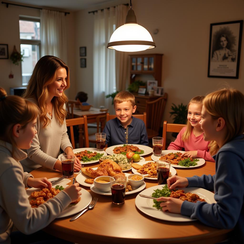 Family enjoying Russian food delivery at home