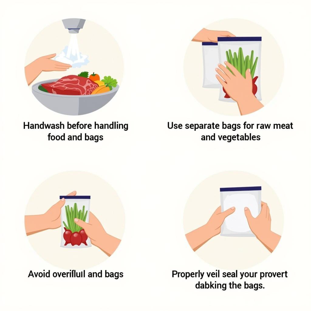 Illustrating safe food handling practices when using sealable bags, including washing hands, using separate bags for raw and cooked foods, and avoiding overfilling.