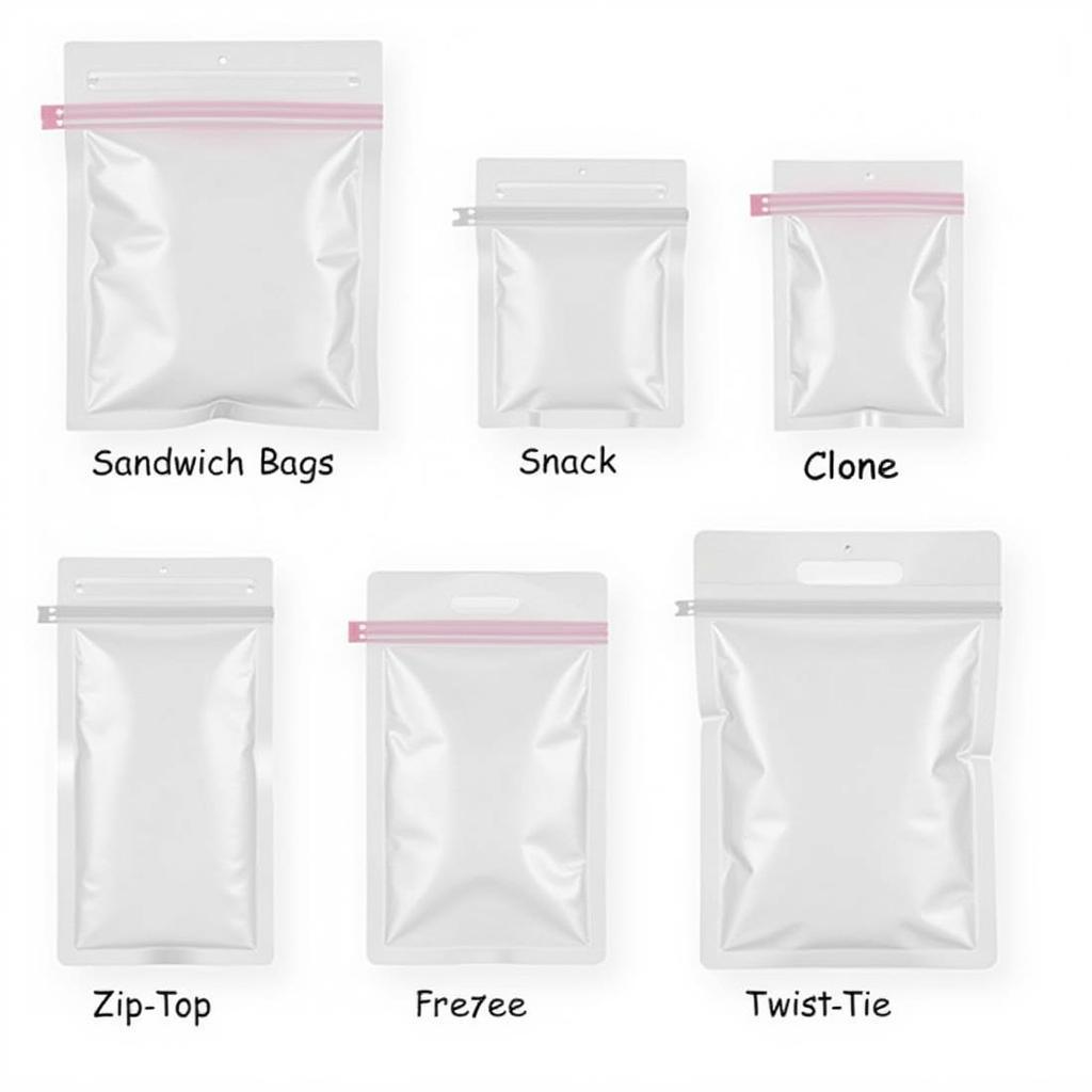 Different types of sealable food bags showcasing variety in sizes, materials, and closure mechanisms.