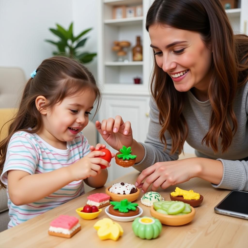 Parent helping child choose play food for their play kitchen