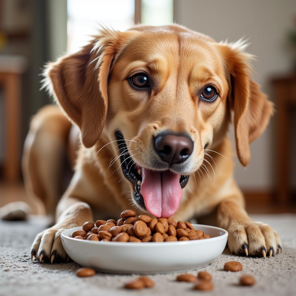 A senior dog eating high-protein food.