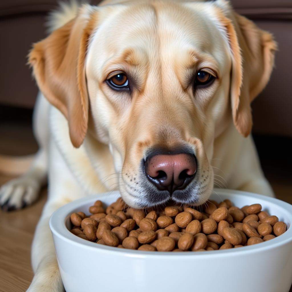 Senior Labrador Enjoying a Bowl of Dry Food