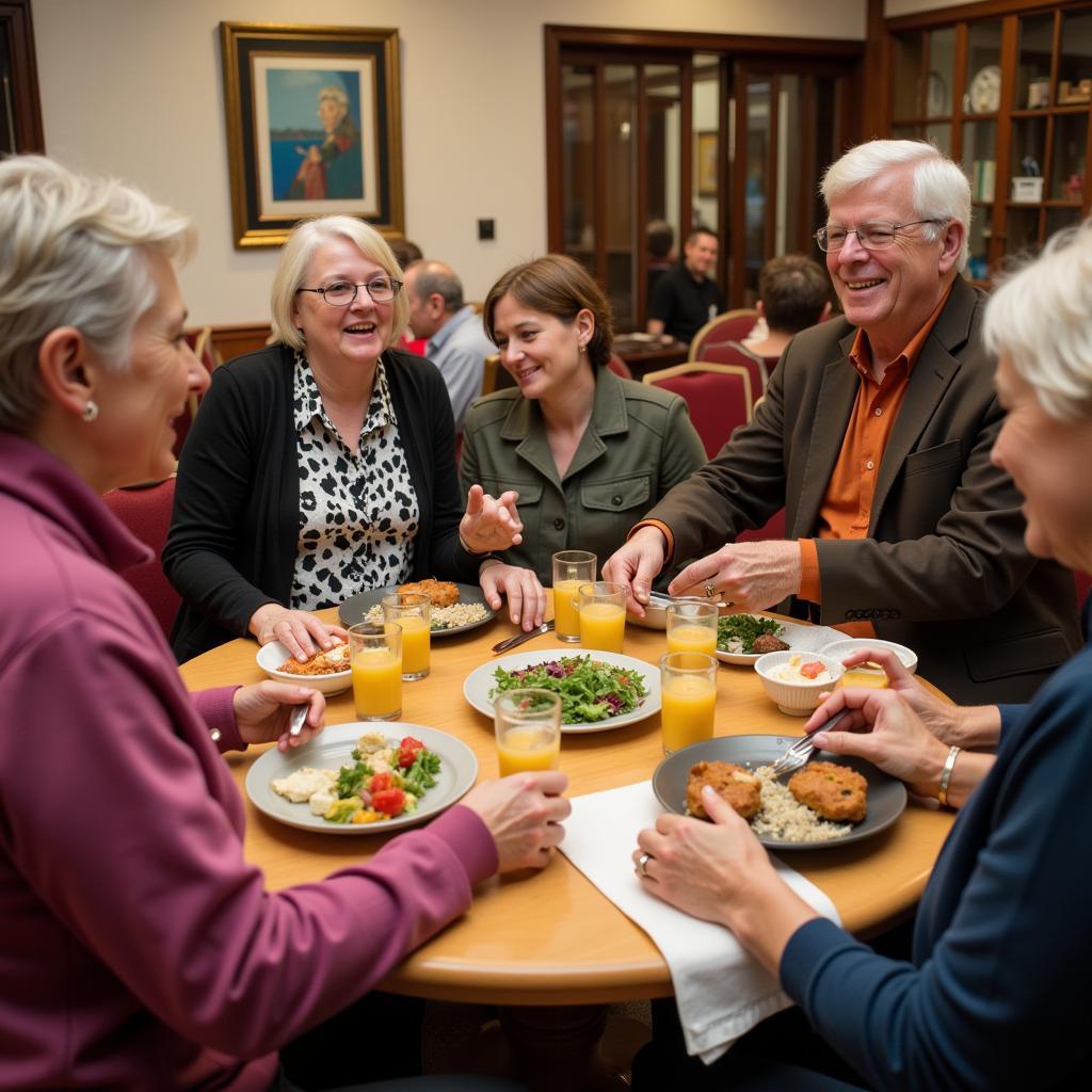 People enjoying a meal together, inspired by Sister Ann Shields