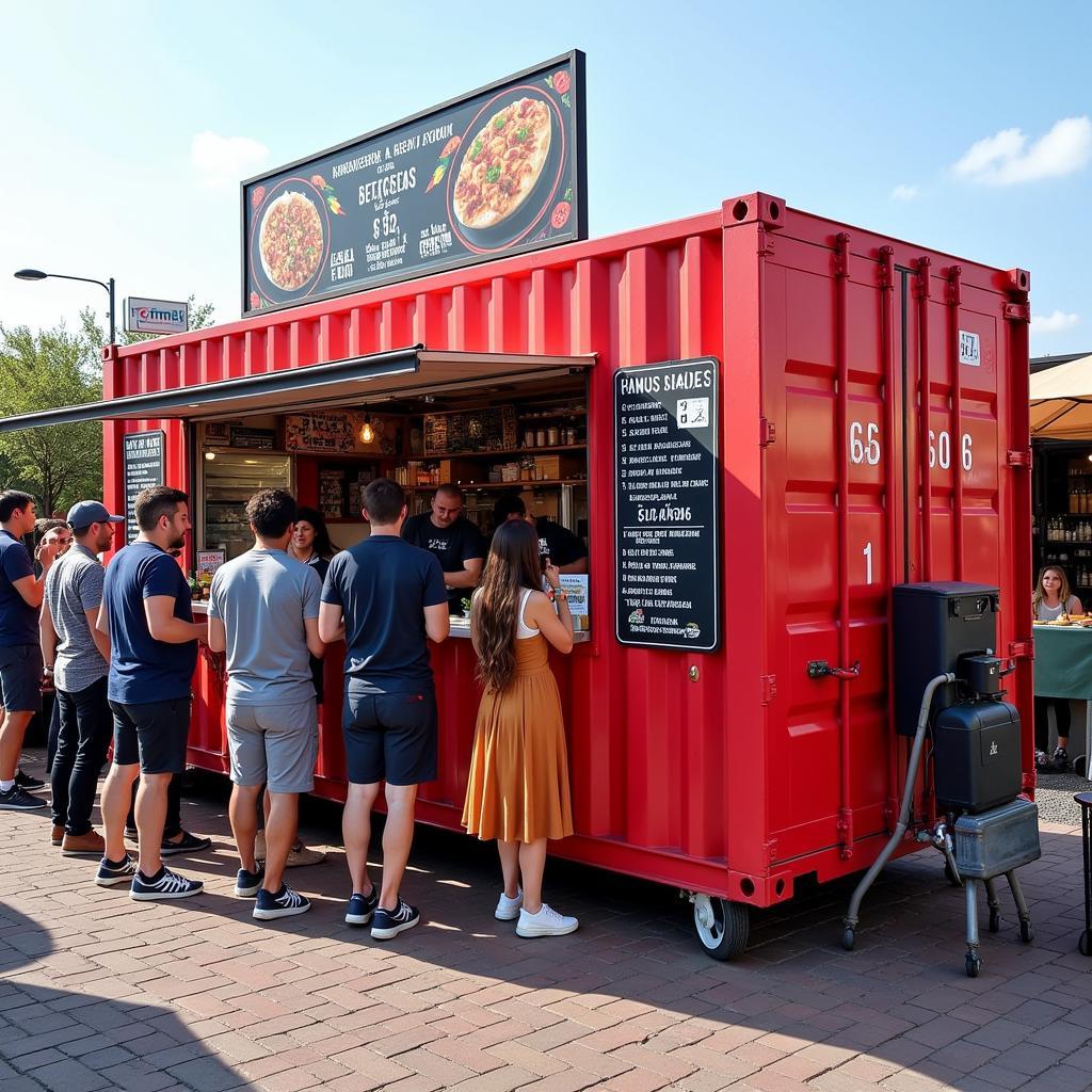 A vibrant red shipping container food truck parked at a bustling street food market, serving customers.